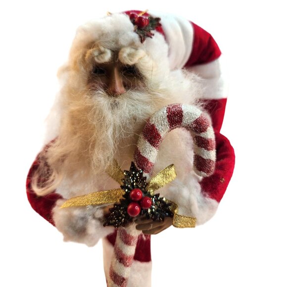 14" Santa Claus Candy Cane Ornament Glitter Details & Bell Vintage Realistic Fac - Picture 3 of 11